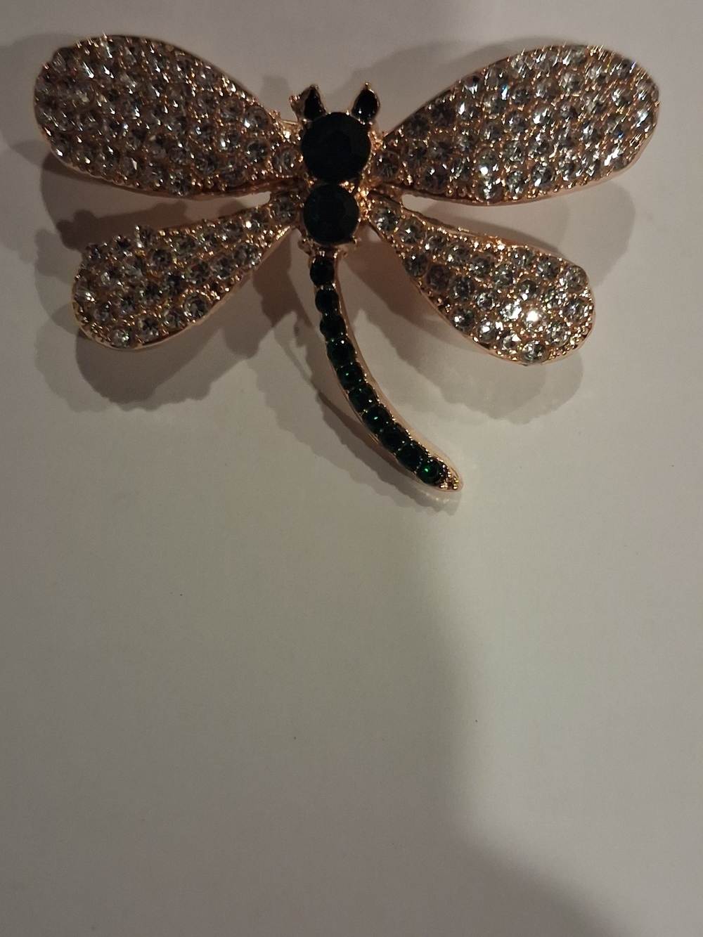 Fashion Jewelry Gold Tone Dragonfly Brooch with Clear and Dark Green Stones